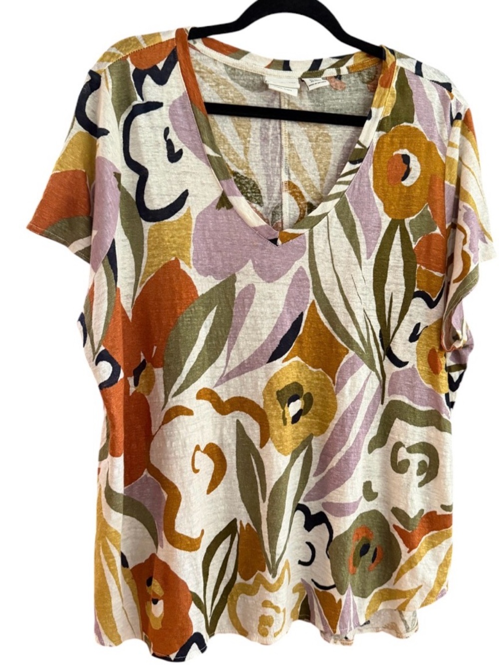 Rachel Zoe Floral V-Neck 100% Linen Knit Top short cap sleeves. Size 2X